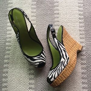 Banana Republic b/w zebra print, peep toe wedges